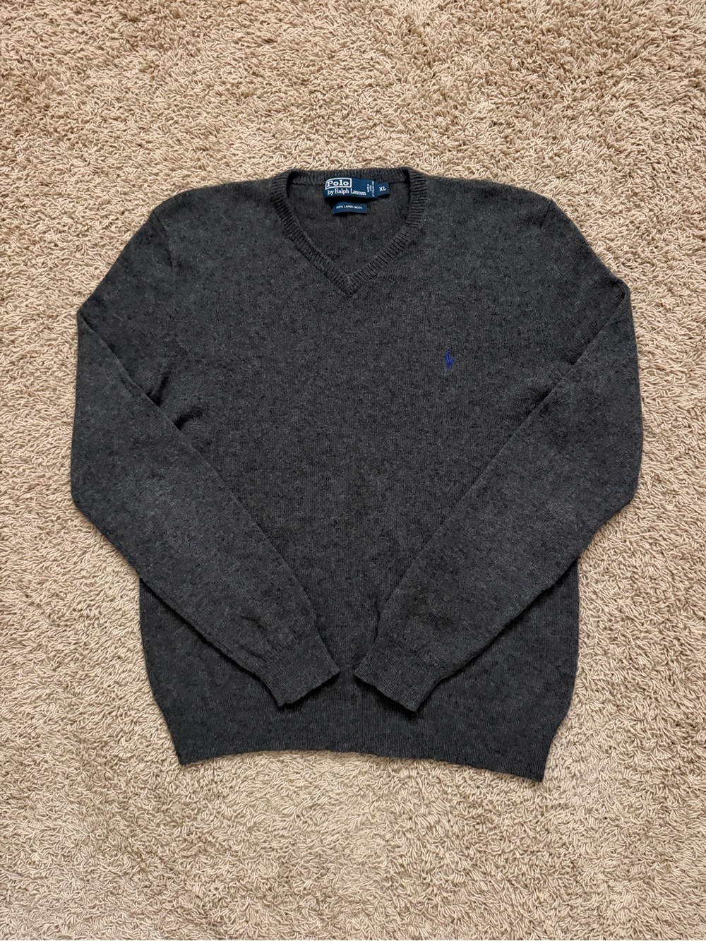 Vintage 90s Polo Ralph Lauren Men's XL Logo Gray 100% Lambs Wool Sweater V Neck